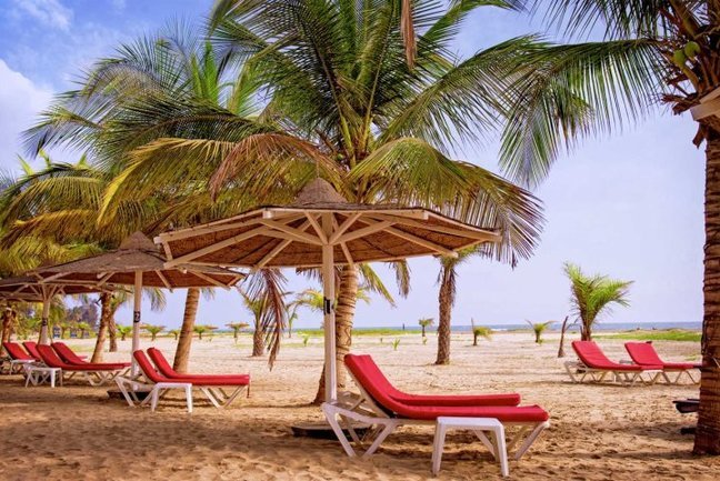 Beach loungers at Ocean Bay Hotel, Cape Point, The Gambia