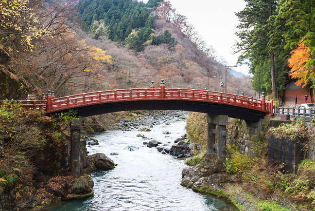 Red sacred Shinkyo Bridge in Nikko, Tochigi Prefecture, Japan.
